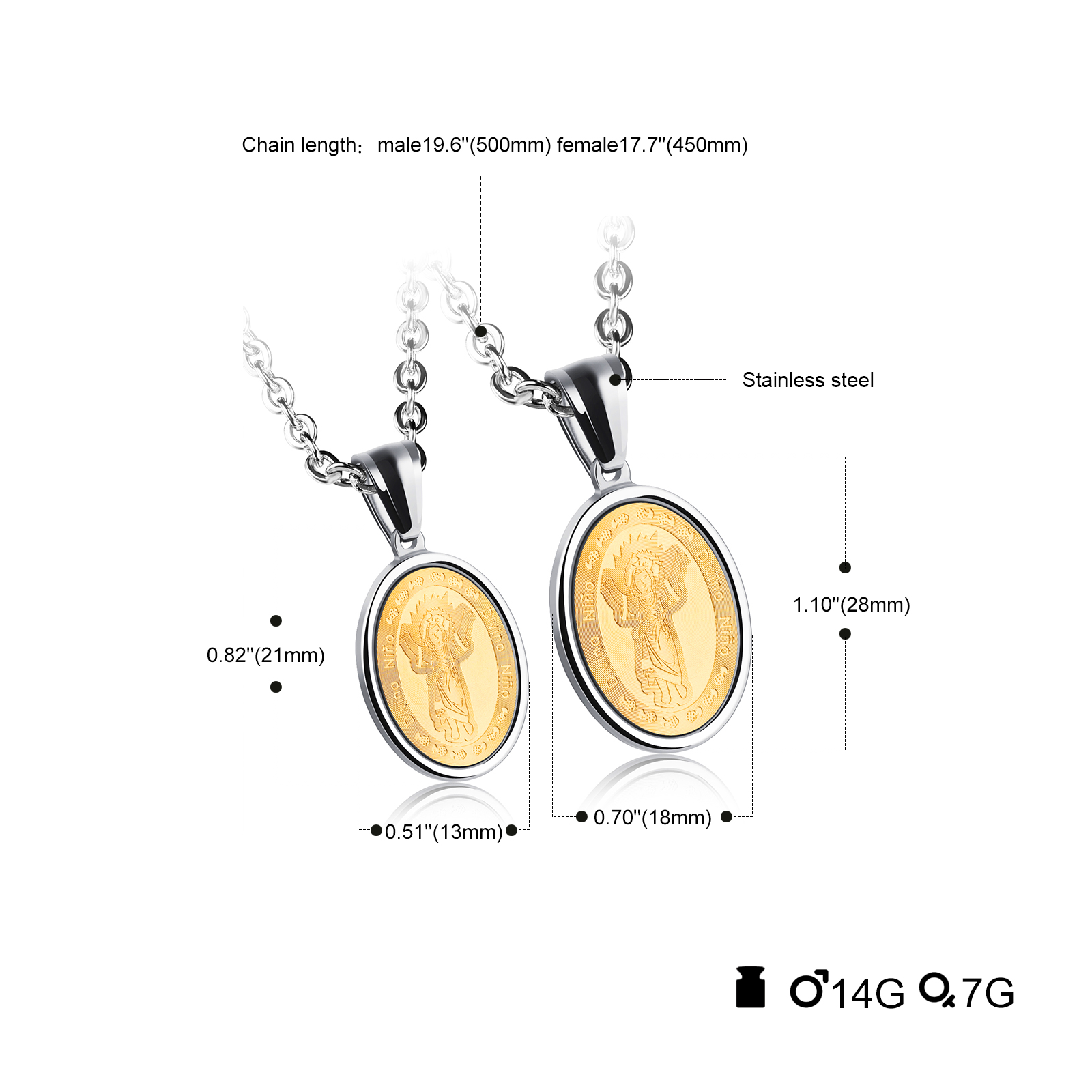 2Pcs Unisex Mens Womens Divino Nino de Colombia Medal Divineinfant Child Jesus Stainless Steel Pendant Necklace4958956