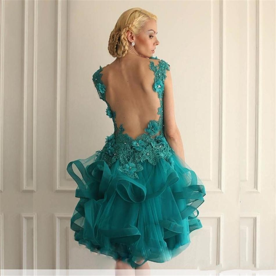 Emerald New Green Short Dresses Appliques Lace Tiered Organza High Low Cheap Backless Prom Dress Formal Party Gowns Custom Made