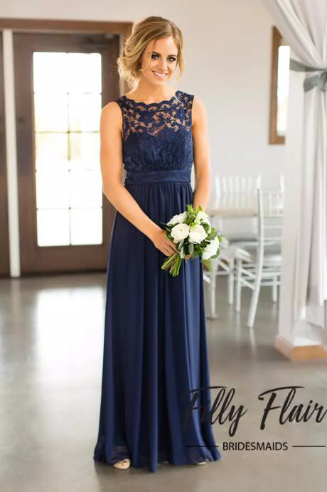 2019 Navy Blue Bridesmaid Dresses Long Elegant A Line Lace and Chiffon Modern Maid of Honor Dresses for Weddings
