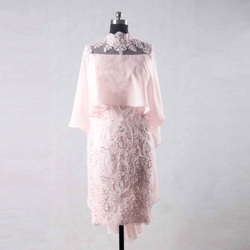 Pink Cocktail Dress Evening Dress Knee Length Mother Bohemian Style Sexy Mother Of The Bride Dresses Chiffon Lace Applique Beaded High Neck