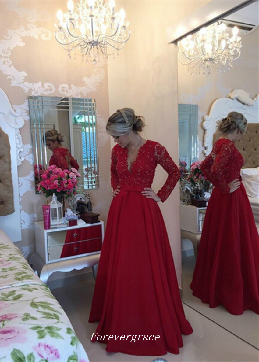 Fashion Women V Neck Prom Dress Elegant A-Line Lace With Long Sleeves Evening Party Reception Gown Custom Made Plus Size
