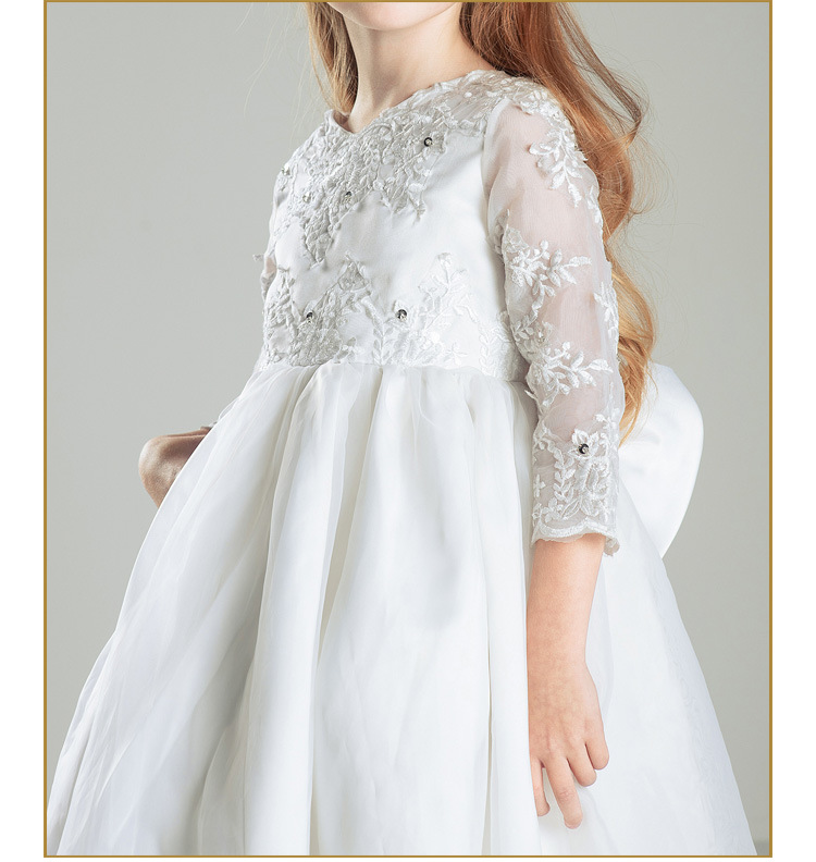 High Low Lace Flower Girl Dresses 3/4 Long Sleeves Beaded First Communion Vintage Little Girls Pageant Dresses With Bow Children