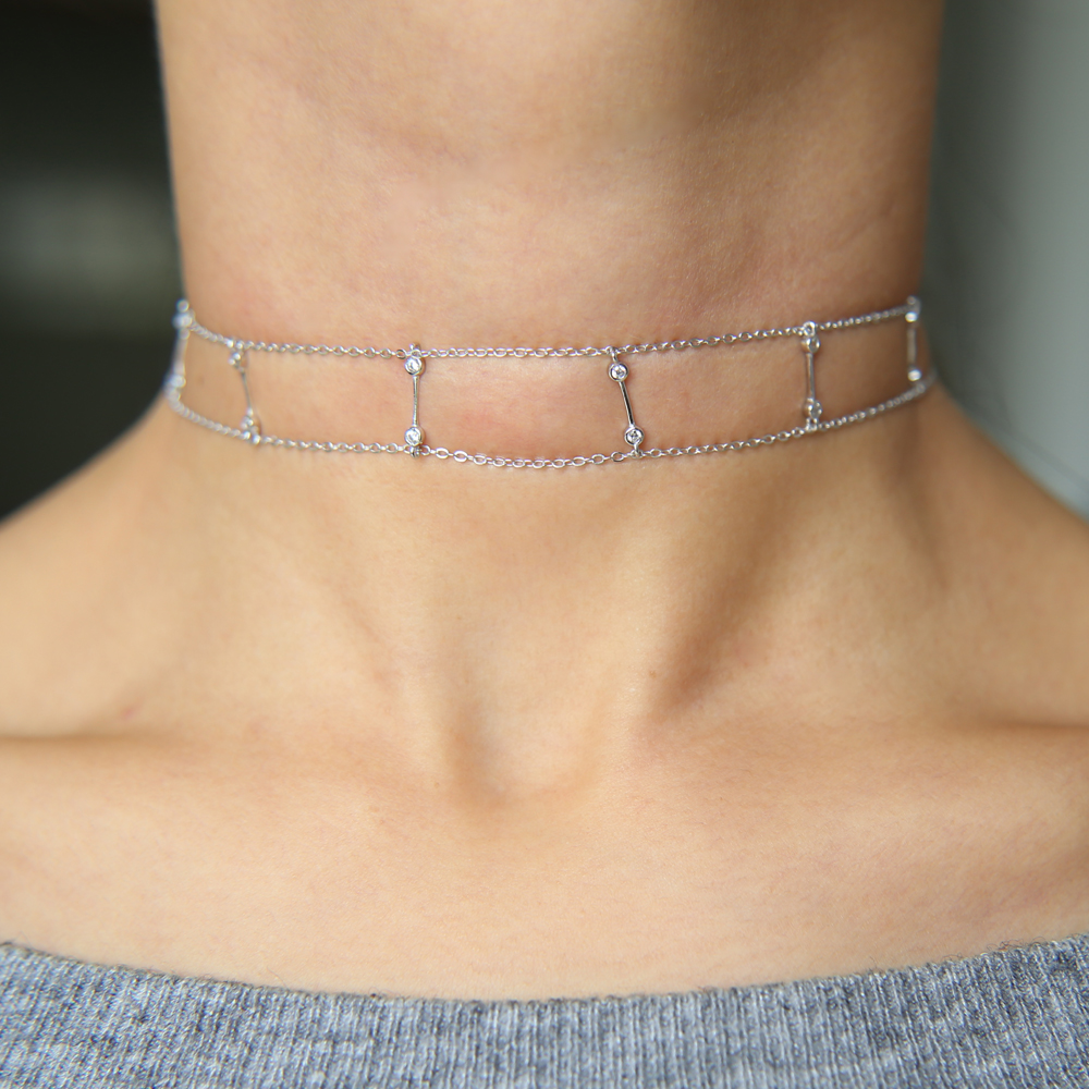 100 925 sterling silver short chain chocker double chain link bar 18k gold plated elegant choker necklace