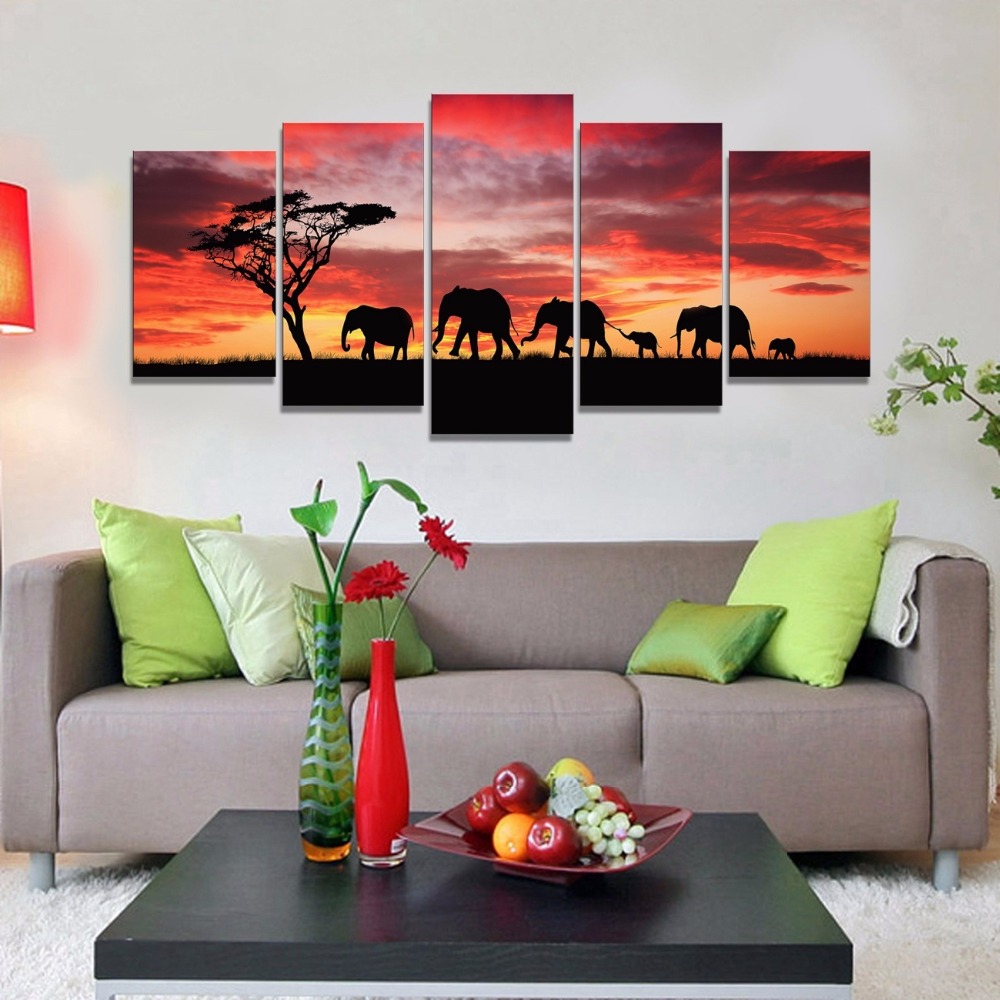 5Panel Modern Africa Elephant Landscape Oil Painting on Canvas for Living Room Wall Art Gift Decoration Home No Frame