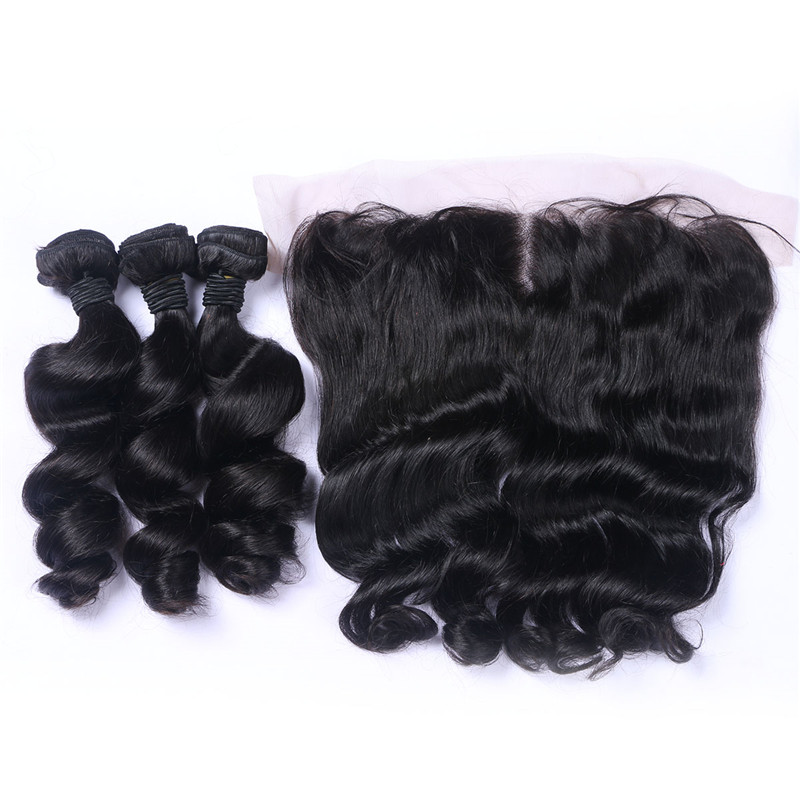 Loose Wave Brazilian Virgin Hair Lace Frontal With 3 Human Hair Bundles 13X4 Ear To Ear Lace Frontal Human Hair Weaves Closure