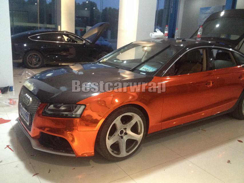 Stretchable Orange Chrome Vinyl Wrap Car Wrap Air Bubble Free Flexible Chrome Wraps Vehicle Easy install chrome foil 1.52x20m/Roll