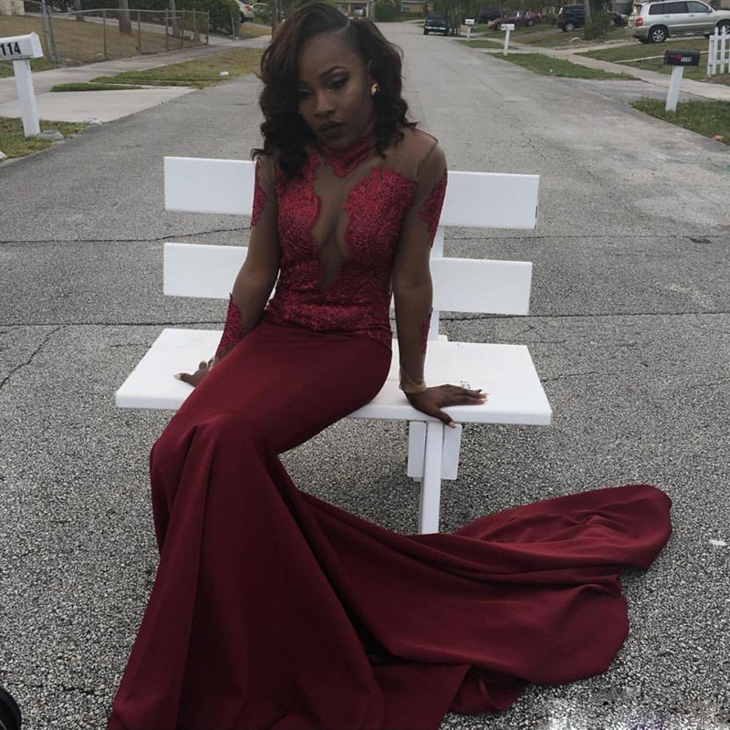 Cheap African Burgundy Mermaid Long Sleeve Black Girl Prom Dress South Africa Lace Appliques Evening Party Gown Custom Made Plus Size