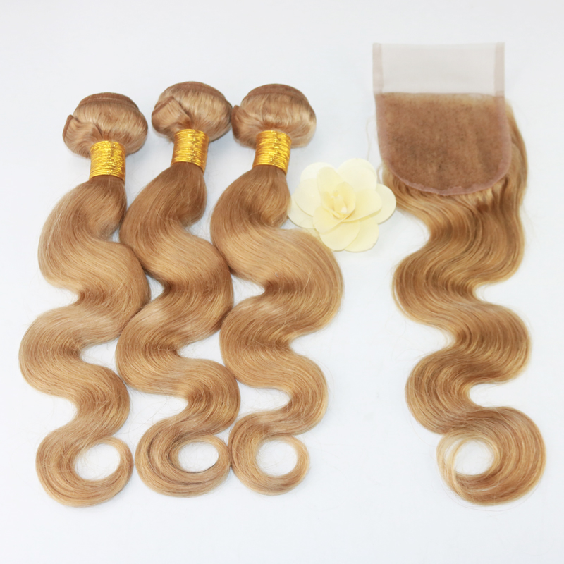 Brazilian Virgin Hair with Closure Unprocessed Brazilian Body Wave 27# Human Hair Weave 3 Bundles with Lace Closure 4x4 Lace Top Closure