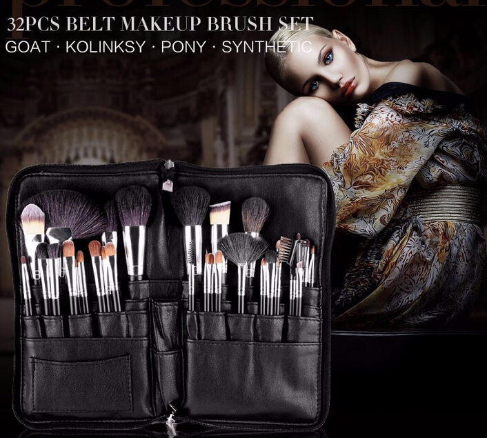 Professional Makeup Animal Hair Wool Cosmetic Brush Set 32pcs Cosmetic Brush and PU Waist Pack Makeup Brush Bag Tools