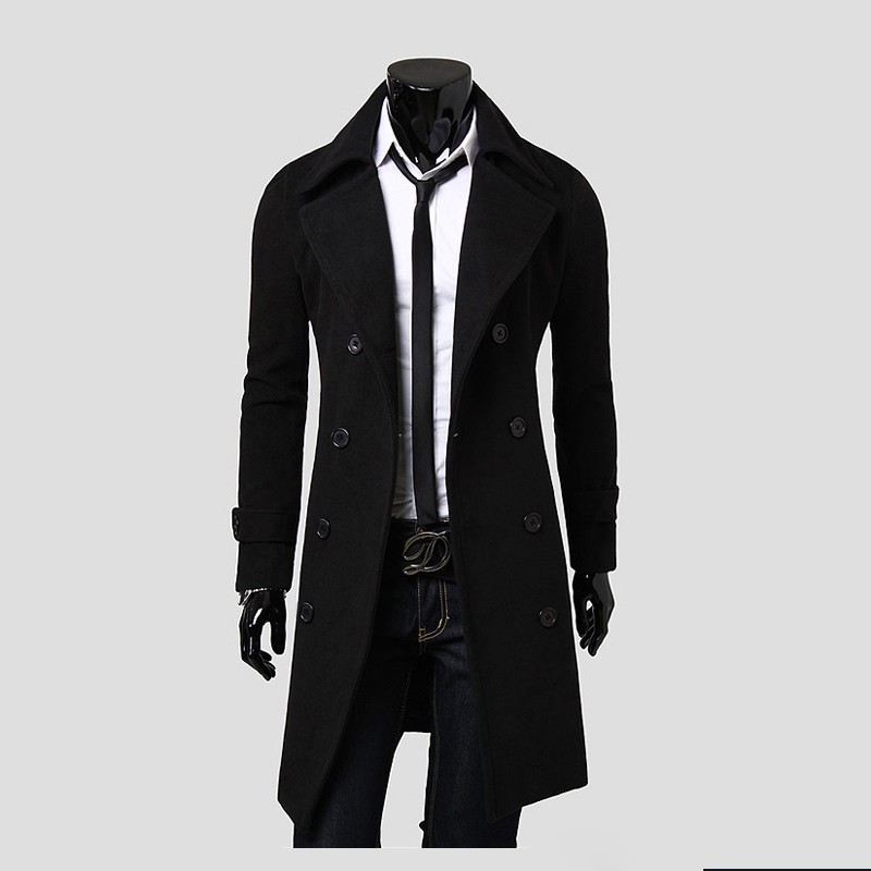 New Brand Winter mens long pea coat Men's wool Coat Turn down Collar Double Breasted men trench coat black brown grey size M-XXXL