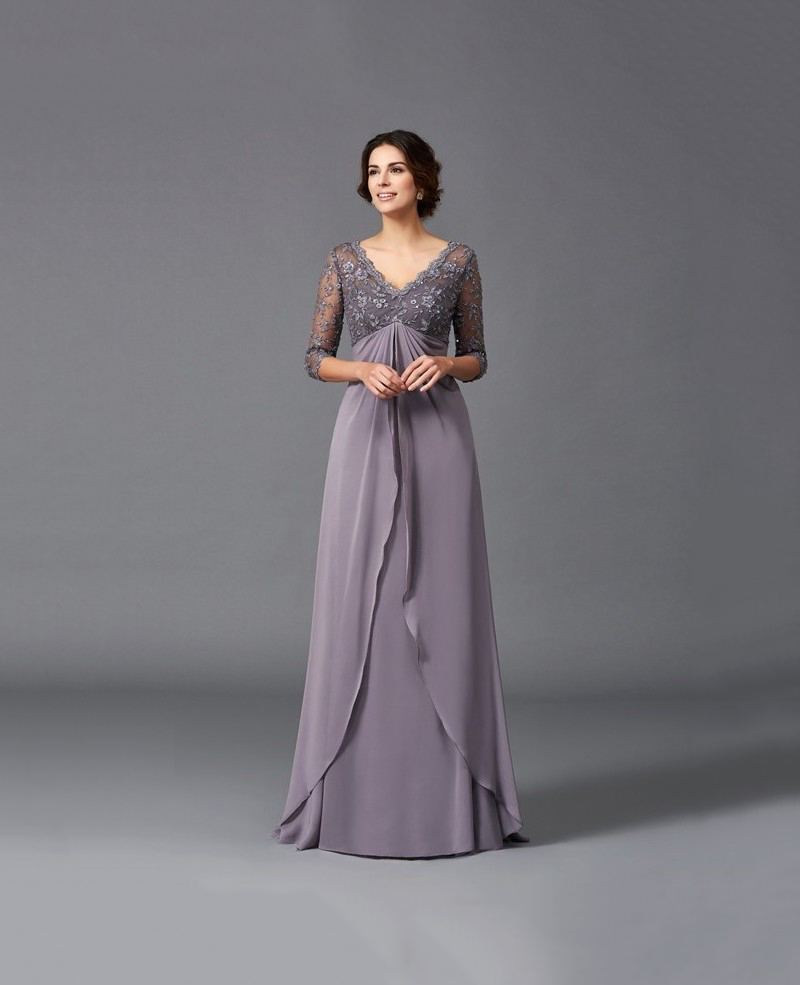 Long Mother Of The Bride Dresses 3/4 Long Sleeve Applique Beads Plus Size Mother Of Groom Dress Chiffon Floor Length Evening Gown