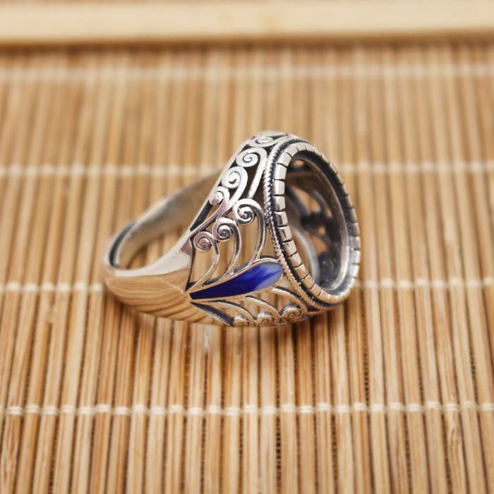 Fine Silver Sterling Silver 925 Cloisonne Enamel 12x16mm Oval Cabochon Semi Mount Ring