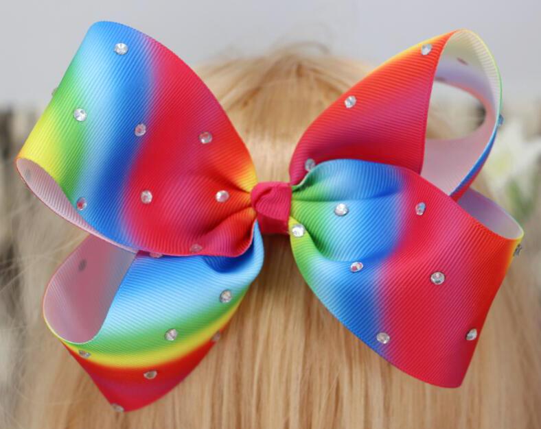Ombre rainbow ribbon hair bow clip 6inch Large rhinestone hair bow 20pcs/