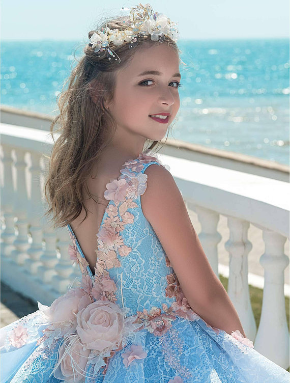 Luxury Flower Girl Dresses For Wedding Blue Ruffle 3D Floral Applique Beads Girl's Pageant Dress Sweep Train Birthday Best Gift For Baby