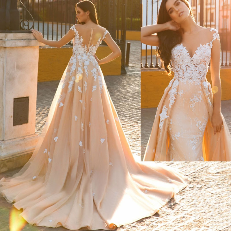 Sexy Mermaid Wedding Dresses Vestido De Noiva Cap Sleeves Illusion Back Lace Applique Bride Gowns With Detachable Train, White
Sexy Mermaid Wedding Dresses Vestido De Noiva Cap Sleeves Illusion Back Lace Applique Bride Gowns With Detachable Train, White