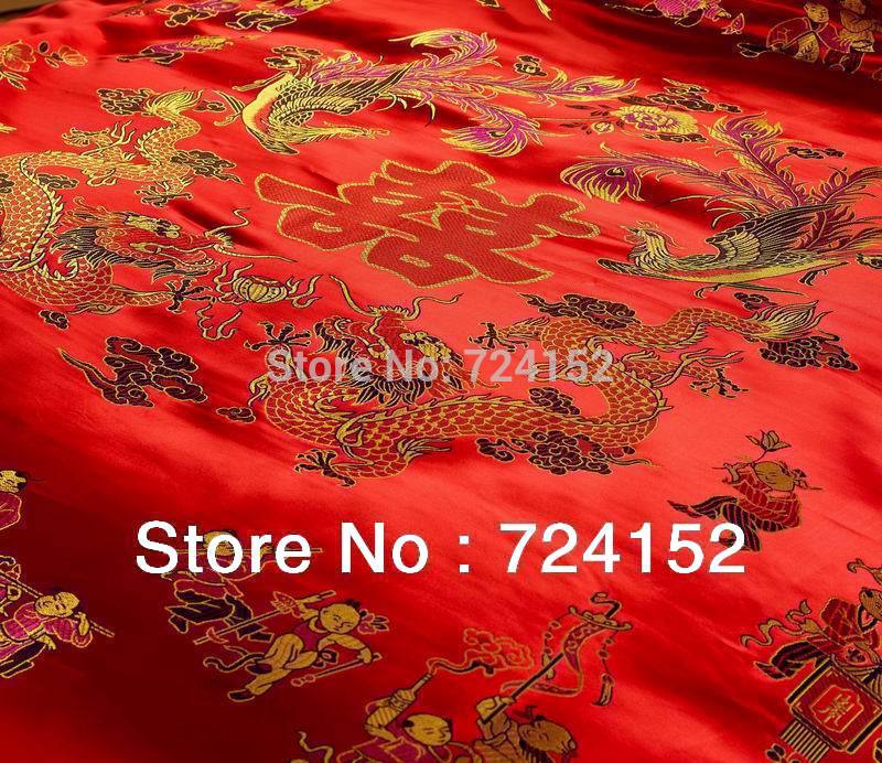 Wholesale- Red satin comforter set dragon chinese wedding bedding set print Modern suits jacquard Bedclothes queen/king size