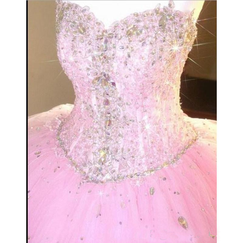 2017 Sexy Pink Sweetheart Ball Gown Quinceanera Dresses With Crystals Lace Up Floor Length Prom Party Gown Sweet 16 Dress BM90
