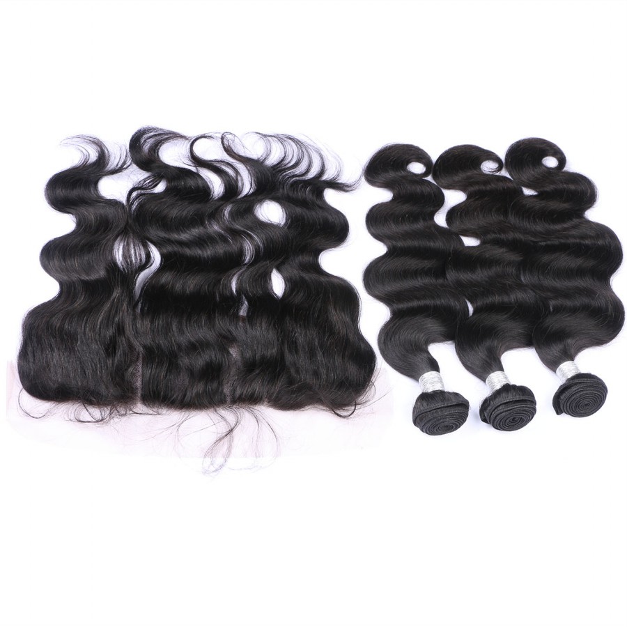 Body Wave Brazilian Human Virgin Remy Hair Lace Frontal With 3 Bundles 13X4 Ear To Ear Lace Frontal Human Hair Weaves Closure