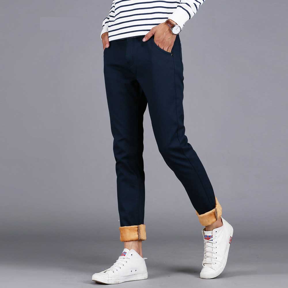 Wholesale-Mens Winter Pants Warm Fleeces Inside Slim Fit Casual Pants Khaki Blue Black Straight-Fit Long Trousers for Men
