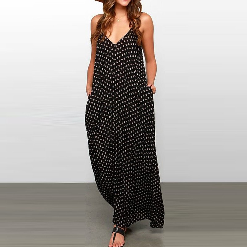Wholesale-Summer Dress 2017 Fashion Women Polka Dot Casual Loose Long Maxi Dress Sexy Beachwear Sleeveless Backless Vestidos