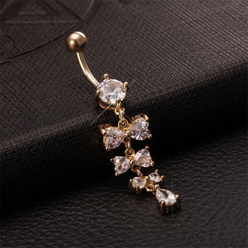 Sweet Navel Rings Shiny Crystal Bowknot Piercing Belly Button Rings For Women Body Piercing 18k Yellow Gold Plated Navel Fashion Jewelry