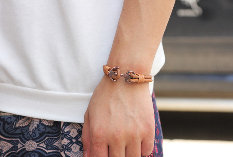 Wholesale-QIHE JEWELRY Black/coffee Color Leather Anchor Charm Bracelet Ship Bracelet Bangle Nautical Jewelry Men's Summmer Fashion