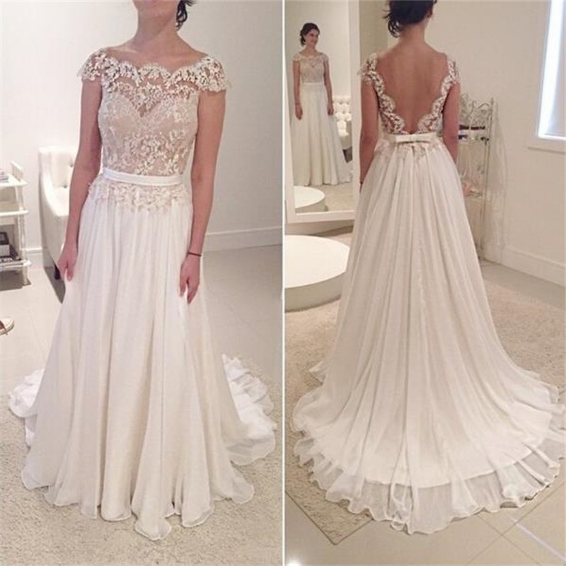 Vintage Beach Wedding Dress Romantic Chiffon Sheer Neck Short Sleeve Lace Vestido De Noiva Summer Open Back Boho Bridal Gowns