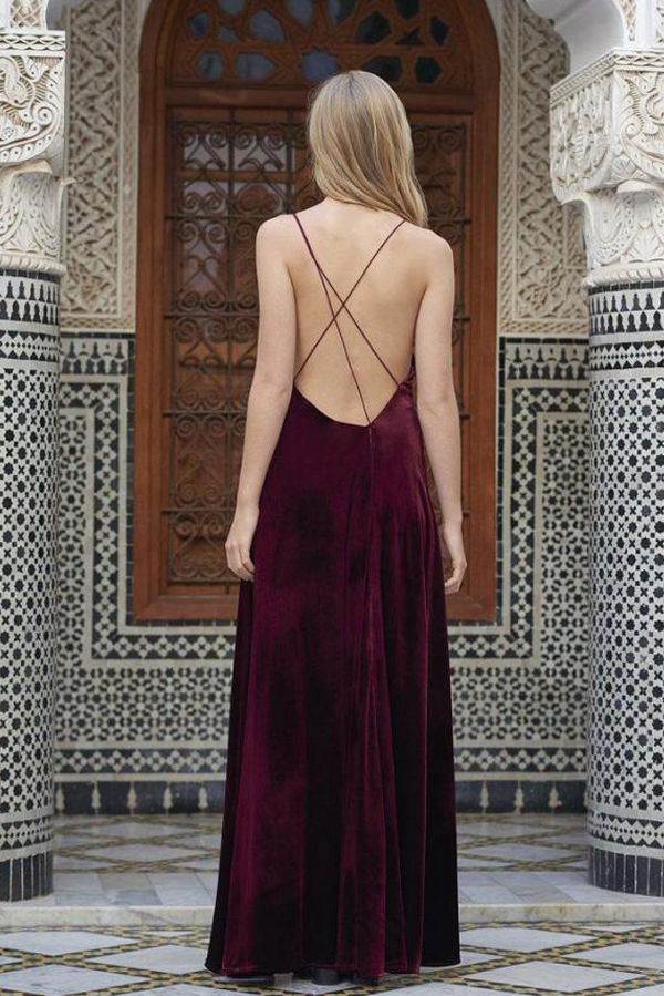 Cheap Burgundy Velvet Spaghetti Dresses Evening Wear 2017 Sexy Backless Criss Cross High Split Floor Length Prom Party Gowns EN110816