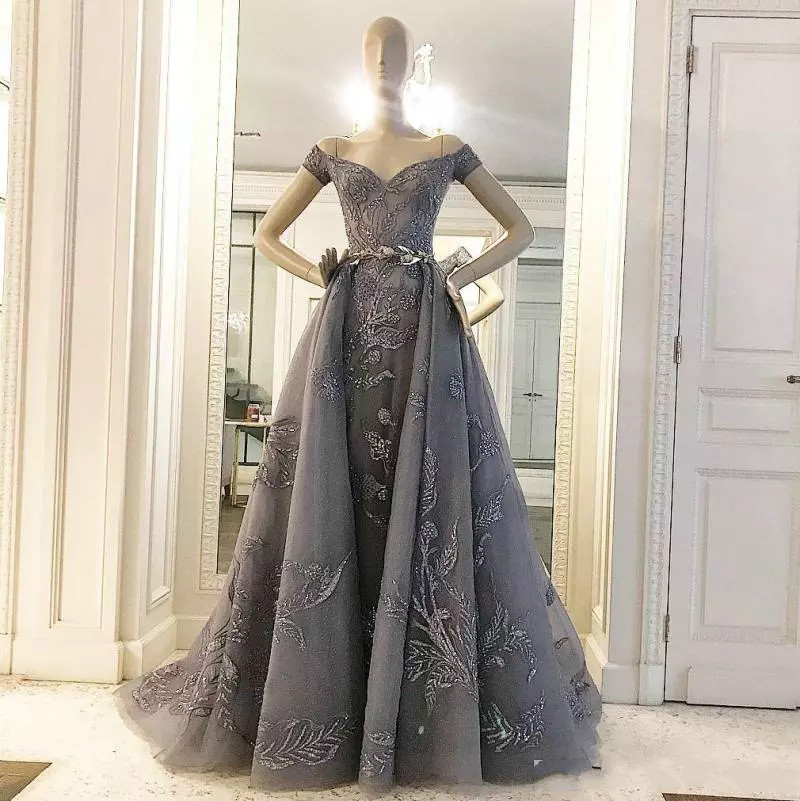 Zuhair Murad Prom Dresses With Detachable Beaded Off The Shoulder A Line Sequined Evening Gowns Sweep Train Tulle Formal Dress Party Wear