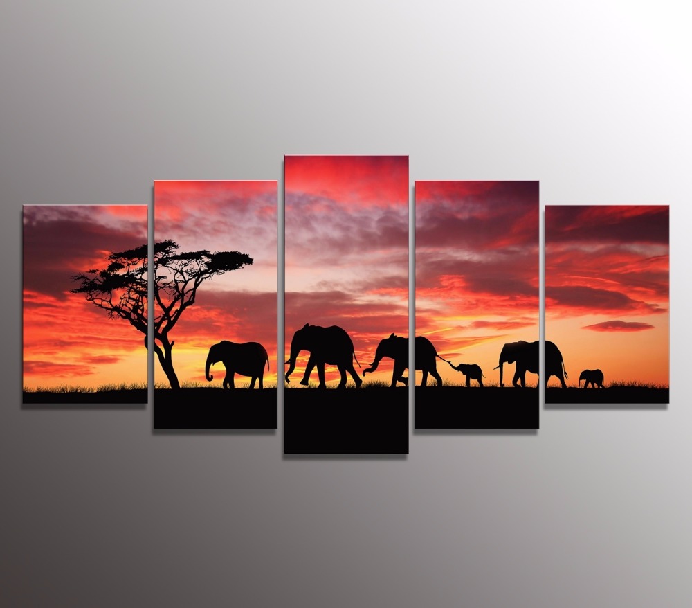 5Panel Modern Africa Elephant Landscape Oil Painting on Canvas for Living Room Wall Art Gift Decoration Home No Frame