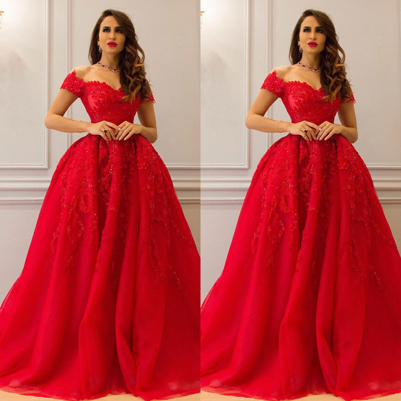 red ball gown lace evening dresses appliques beaded off shoulder neckline prom dress floor length ruffles formal evening gowns
