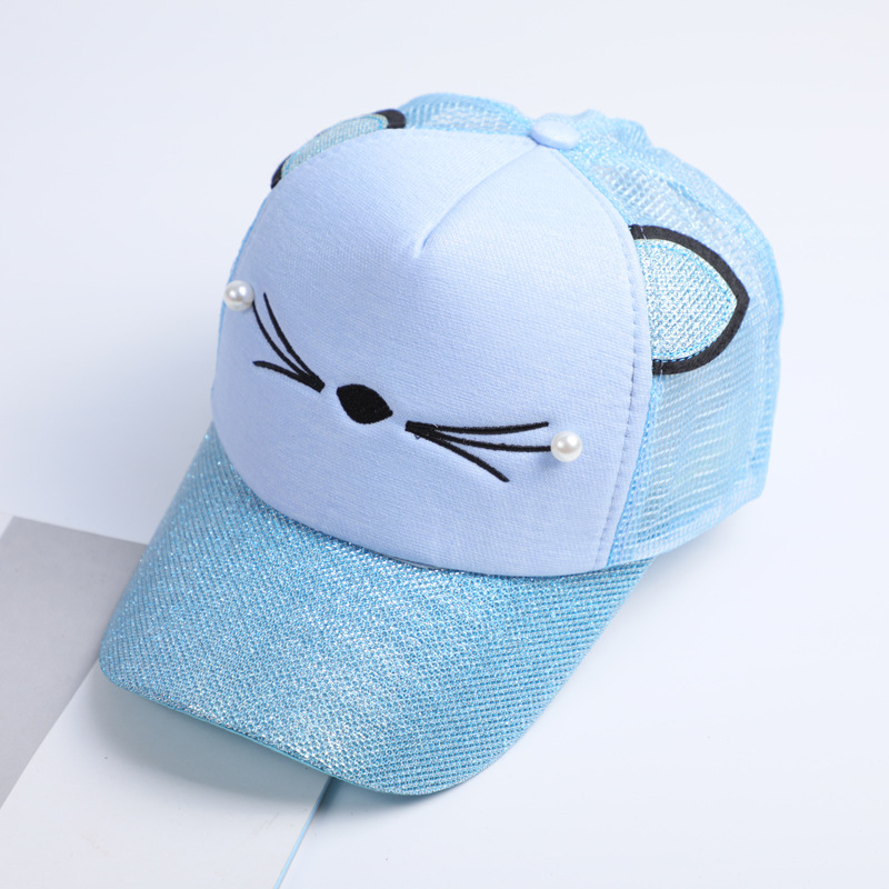 New Women Cat Baseball Cap With Cute Cat Ears Curved Brim Snapback Hat Cat Face Pearl Cotton Caps Outdoor Mesh Hats