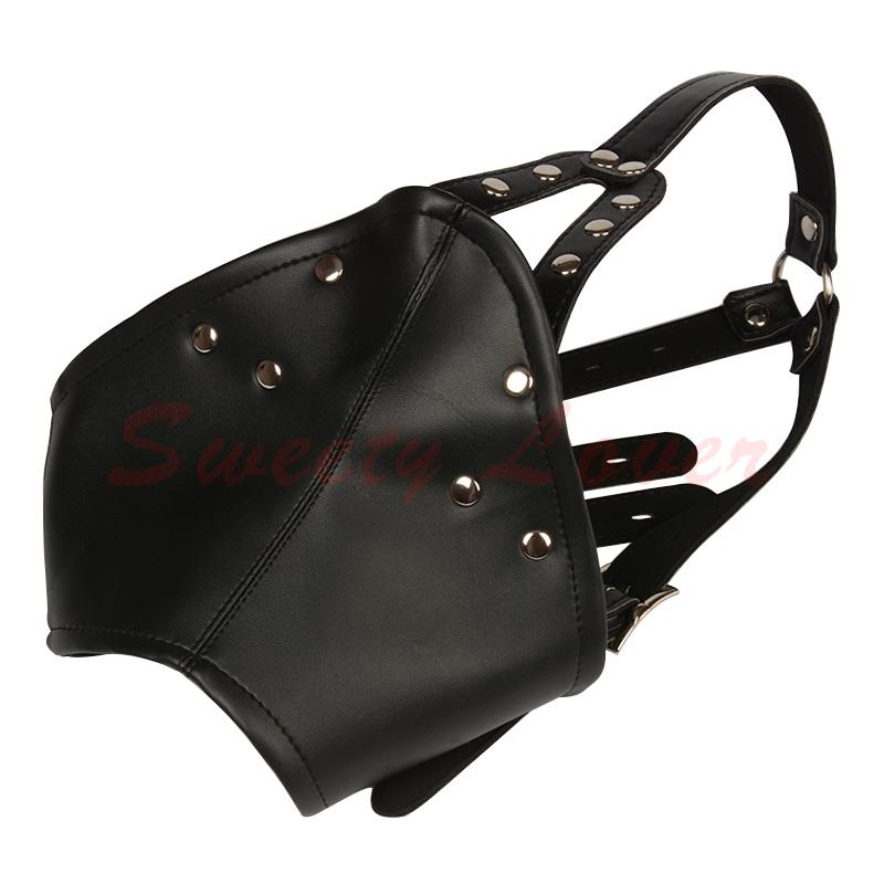 Adjustable Black PU Leather Sex Mask with Ball Mouth Gag Open Eyes Fetish Bondage Hood Restraints Headgear Unisex Sex Products 17901