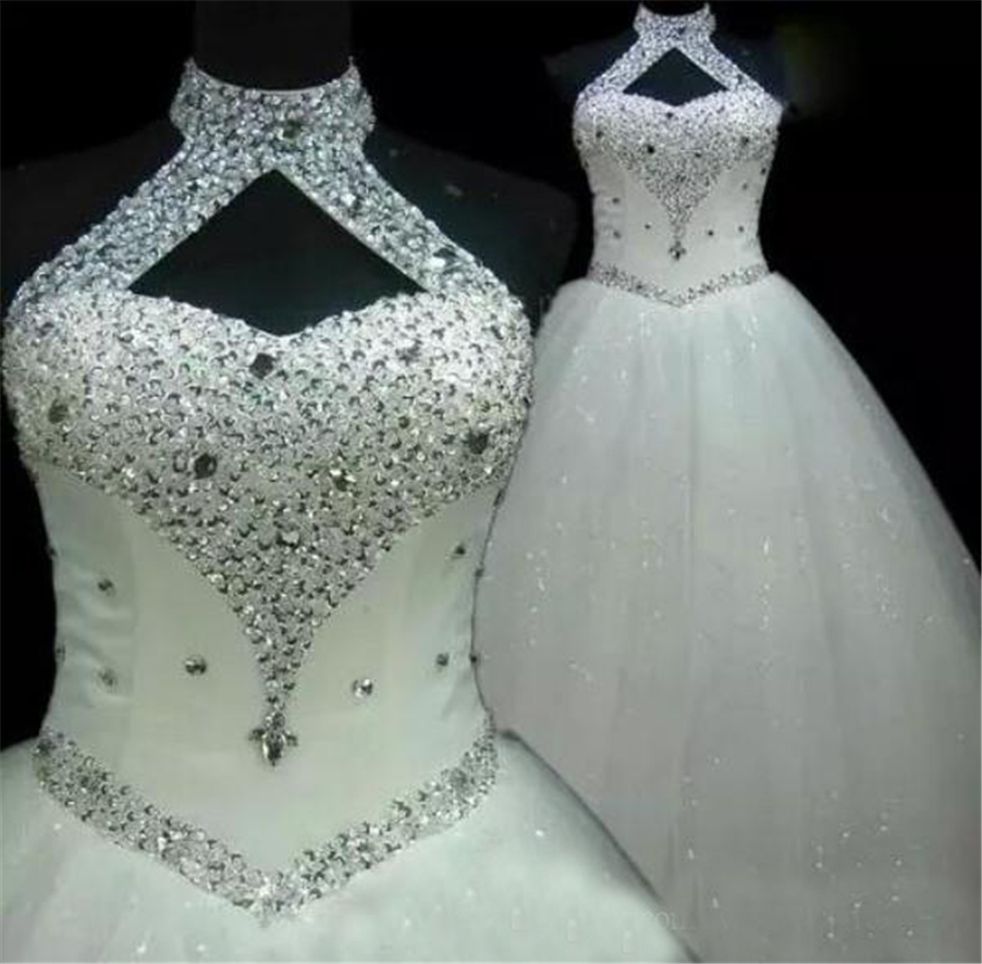 High Neck Halter Crystals Sequins Tulle Lace up Back Floor Length Bridal Gowns Custom Made Ball Gowns Plus Size Wedding Dresses, White
High Neck Halter Crystals Sequins Tulle Lace up Back Floor Length Bridal Gowns Custom Made Ball Gowns Plus Size Wedding Dresses, White