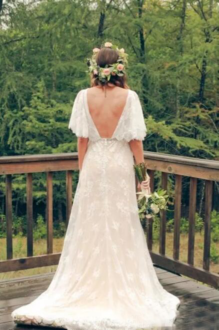 Romantic 2017 Ivory Lace Loose Half Sleeves Bohemian Wedding Dresses Sexy Backless Country Bridal Gowns Custom Made Plus Size EN8054