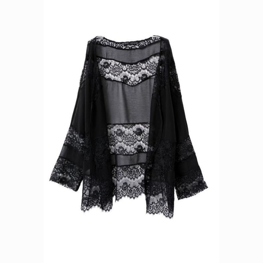 Wholesale- JECKSION Cardigan women coat,2016 Fashion Lace Splicing Hollow Out Chiffon Kimono Cardigan Tops Black Shipping #LYW