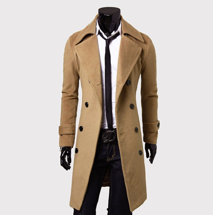 New Brand Winter mens long pea coat Men's wool Coat Turn down Collar Double Breasted men trench coat black brown grey size M-XXXL