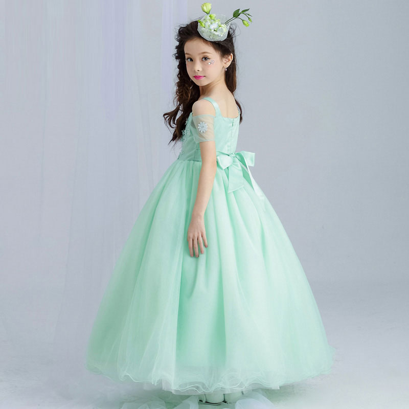 Mint Green Elegant Tulle Lace Flower Girl Wedding Dress Ankle Length Appliques Bead Kids Party Prom Dress First Communion Dresses