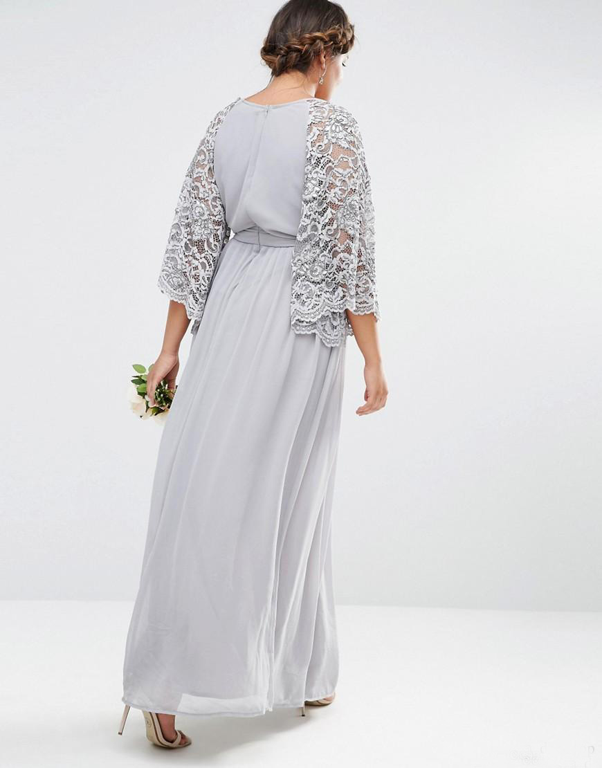 2018 Silver Chiffon Mother Of The Bride Dresses V Neck A Line 3/4 Length Lace Sleeve Mother of the Groom Dress Custom