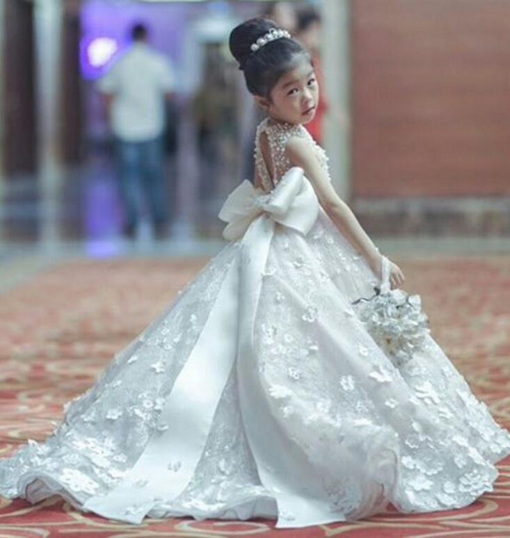 luxurious lace arabic flower girl dresses pearls 3d floral child wedding dresses vintage little girl pageant dresses fg11