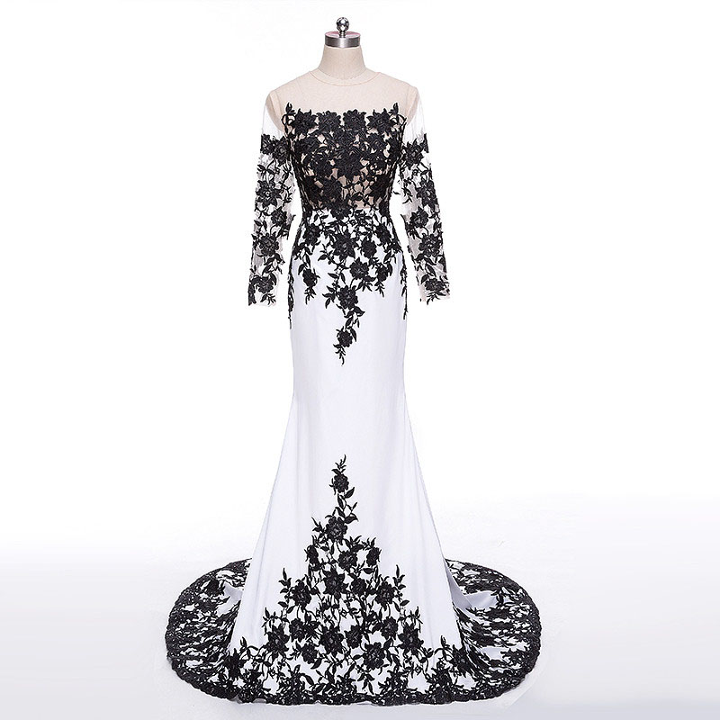 Sexy White and Black Evening Dresses Illusion Sheer Neckline Long Sleeves Chiffon Tulle Floral Applique Sweep Train Prom Dress Plus Size