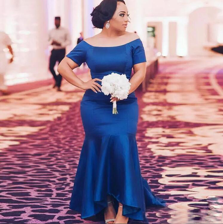Royal Blue Plus Size Mermaid Bridesmaid Dresses Long 2018 Satin Short Sleeves Maid Of Honor Gown High Low Wedding Guest Party Dress EN112214