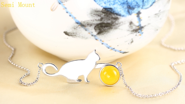 Fine Silver 925 Sterling Silver Pendant Necklace Charm Popular Fine Jewelry 9x9mm Round Cabochon Amber Agate Opal Setting