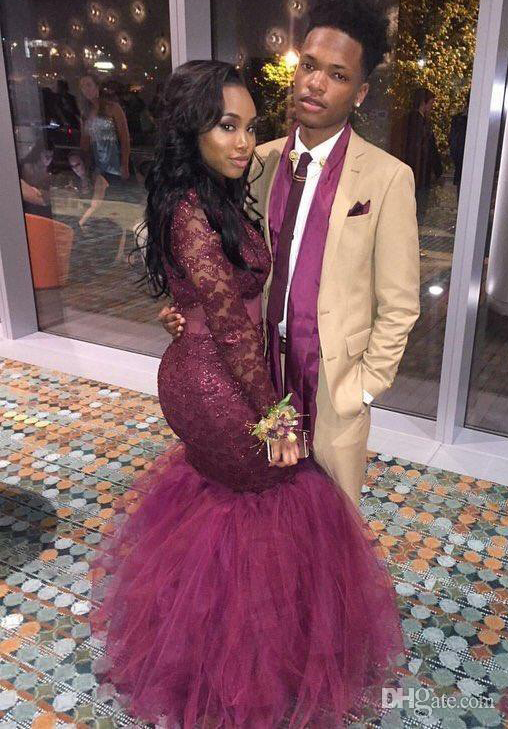 Cheap Burgundy Mermaid Sexy Black Girl Prom Dress Long Sleeve South Africa Evening Party Gown Custom Made Plus Size