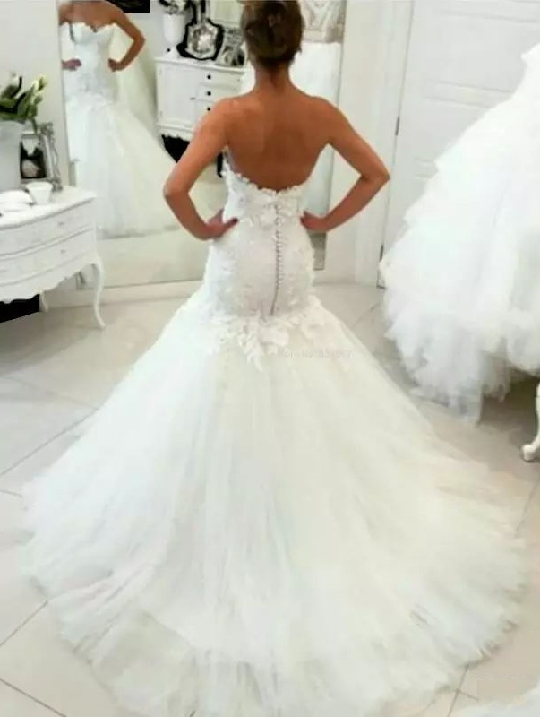 New Open Back Mermaid Wedding Dress Lace 3D Appliques Beaded Sweetheart Bridal Dresses Elegant Wedding Gowns Casamento Button Real