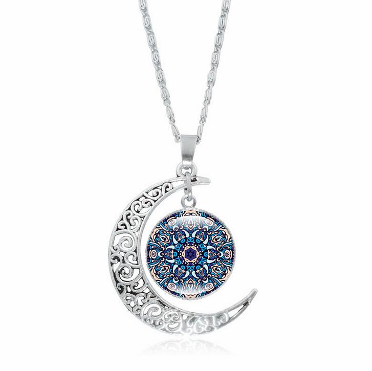 Free ship Bursts of mandala flower gemstone necklace silver half moon pendant jewelry WFN197 (with chain) mix order 20 pieces a lot