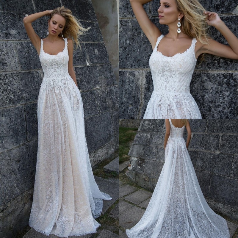 Backless Lace Applique Dress Spaghetti Neck Bridal Gowns Plus Size Sweep Train A Line Wedding Dresses Es es