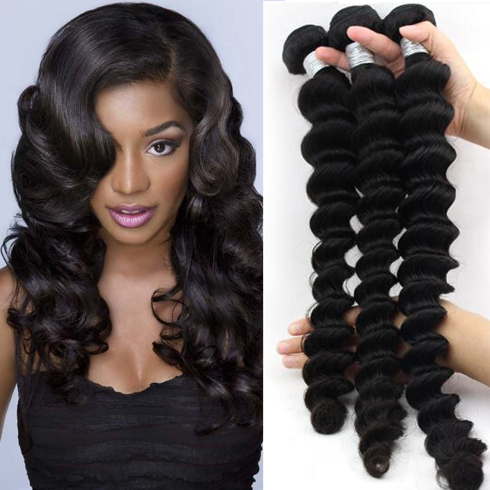 Free shipping Unprocessed Brazilian Human Remy Virgin Loose Deep Wave Weaves Hair Extensions Natural Color 100g/bundle Double Wefts 3Bundles/lot