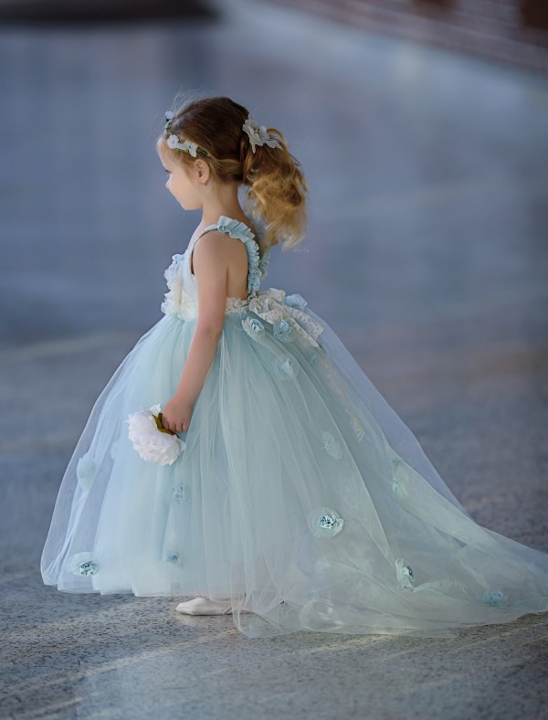 3D Floral Appliques Flower Girls Dresses Open Back Communion Dress Sweep Train Ball Gown Princess Gowns