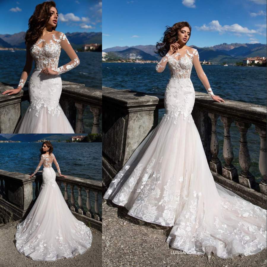 New Arrival Mermaid Lace Wedding Dresses With Long Sleeves Sheer Bateau Neck Bridal Gowns Sweep Train Trumpet Covered Buttons Wedding Dress, Pink
New Arrival Mermaid Lace Wedding Dresses With Long Sleeves Sheer Bateau Neck Bridal Gowns Sweep Train Trumpet Covered Buttons Wedding Dress, Pink